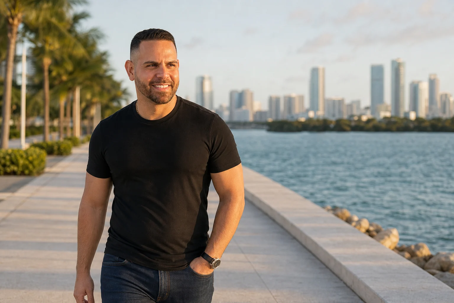 Carlos Vazquez walking beside the Miami waterfront