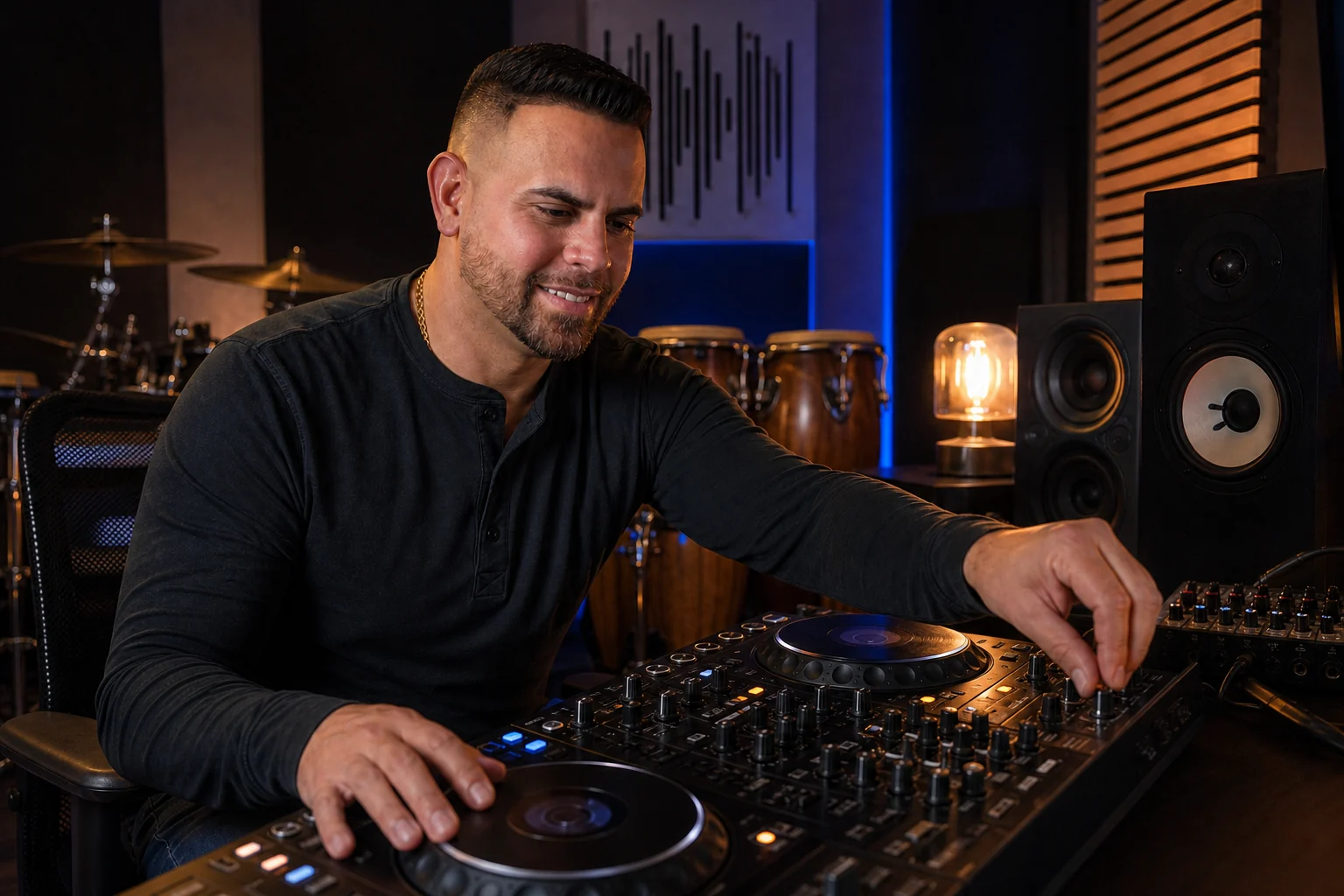 Carlos Vazquez DJing and producing music in a studio with percussion and drums